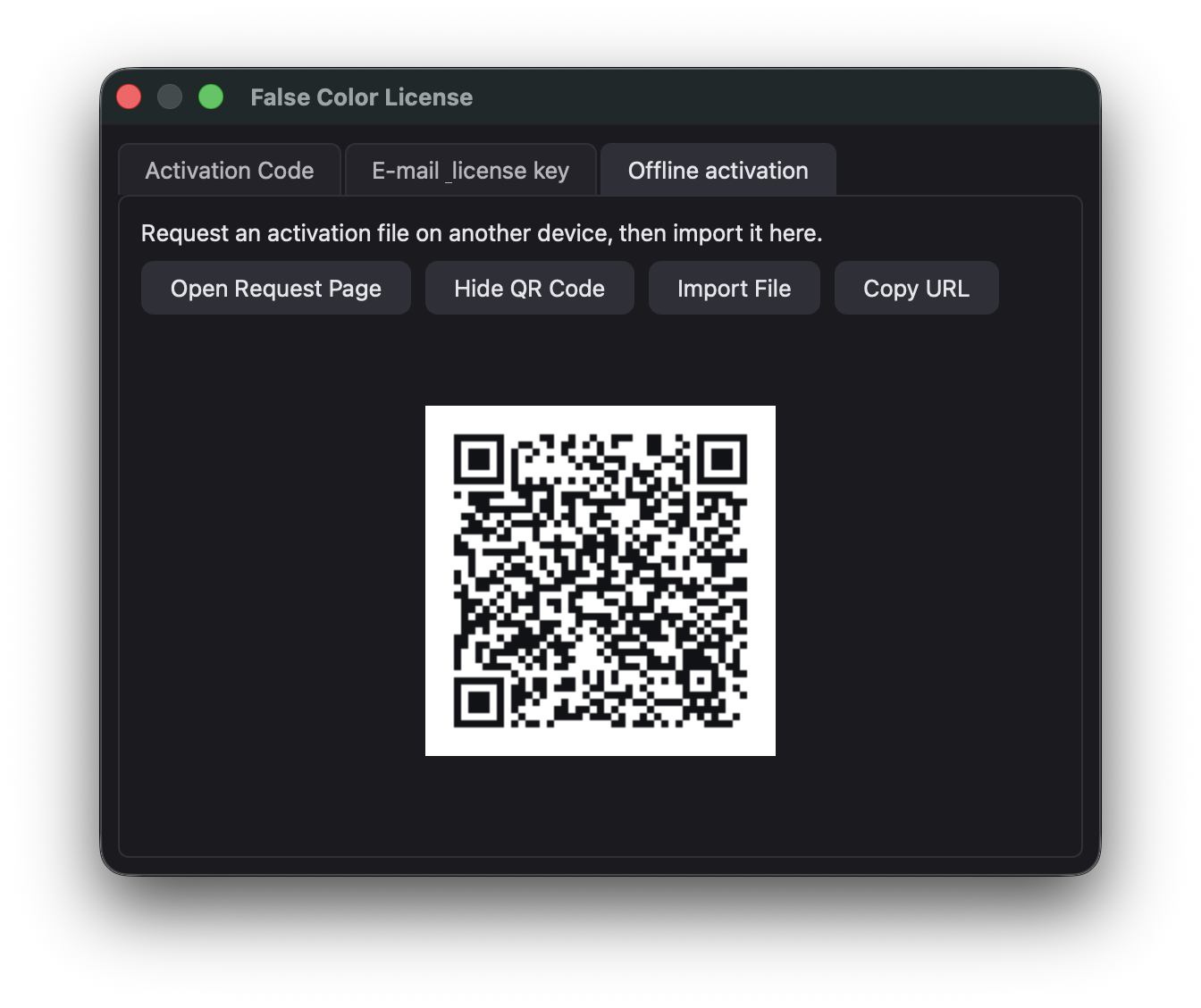 Offline activation tab with Open Request Page, QR code, Import File, and Copy URL buttons