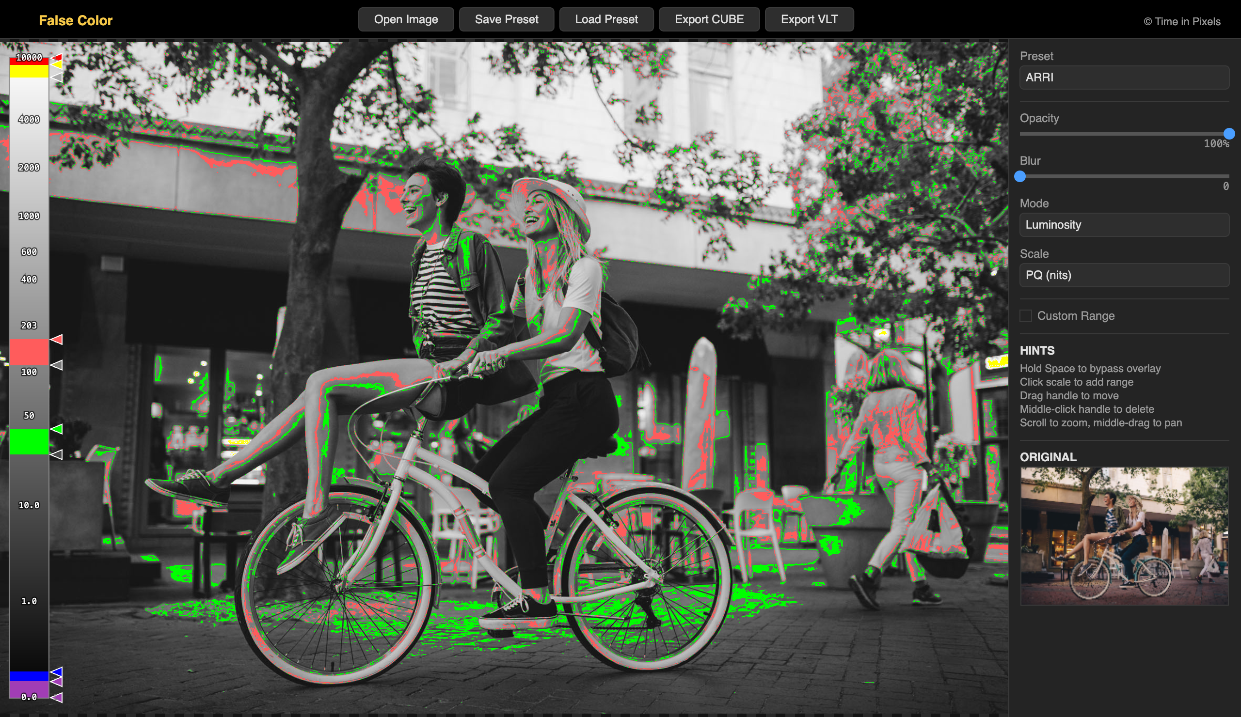 Web False Color App — ARRI preset with Luminosity mode