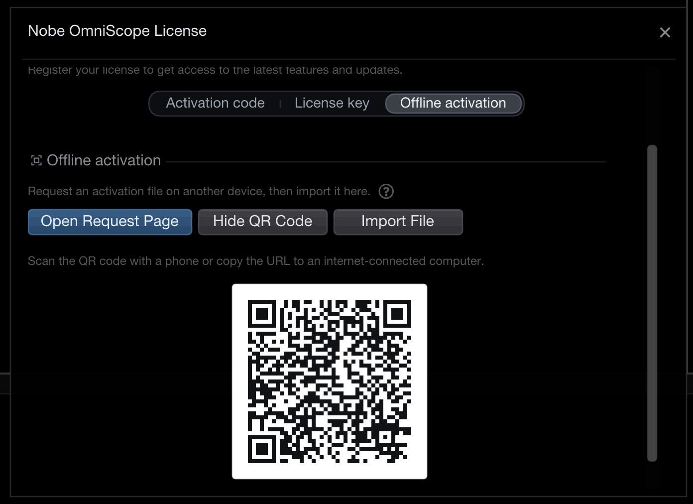 Offline activation tab with Open Request Page, QR code, and Import File buttons