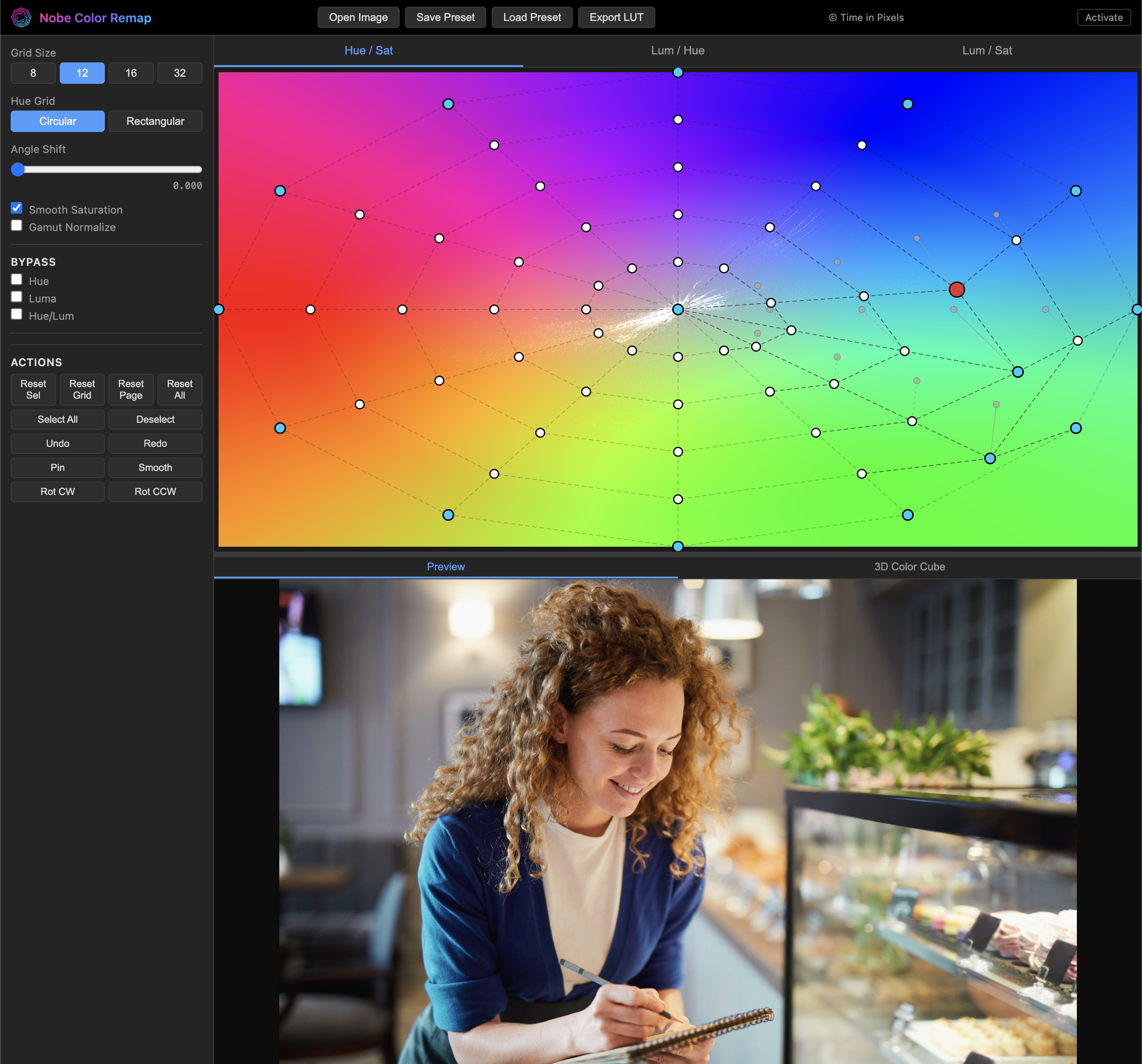 Web Color Remap App — Hue/Sat grid with image preview